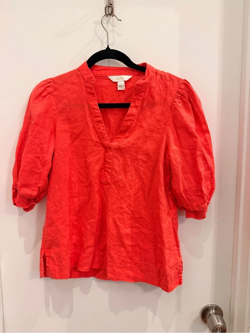 Lilly Pulitzer Coral Pink Linen Puff Sleeve V-Neck Top Size 00 Resort‎ Coastal